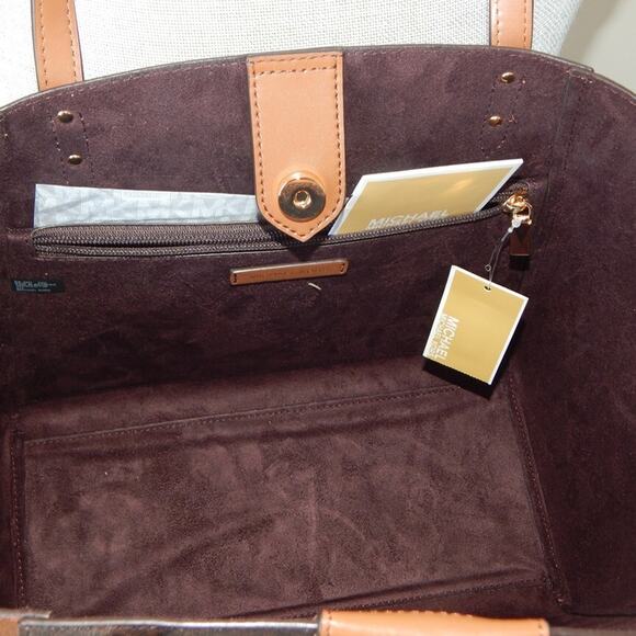 MICHAEL KORS KARLIE Monogram Center Stripes Studs Brown Multi Large Tote Bag NWT - Picture 9 of 12